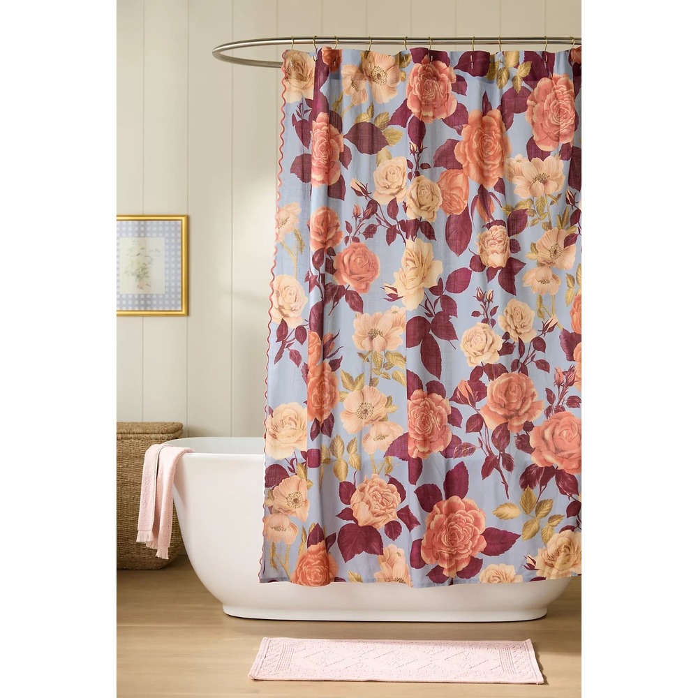 NEW Anthropologie Maeve Roses Printed Organic Cotton Floral Shower Curtain NWT
